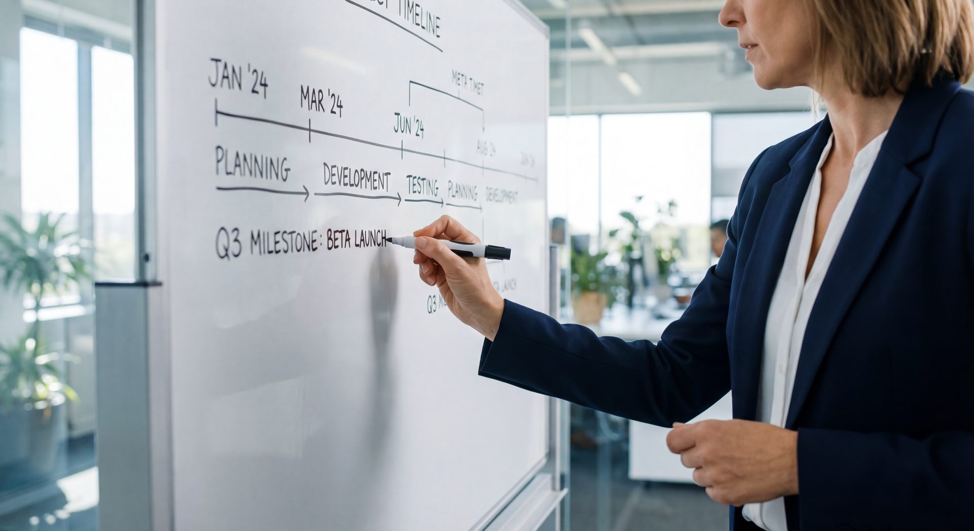 Project manager planning timeline on whiteboard