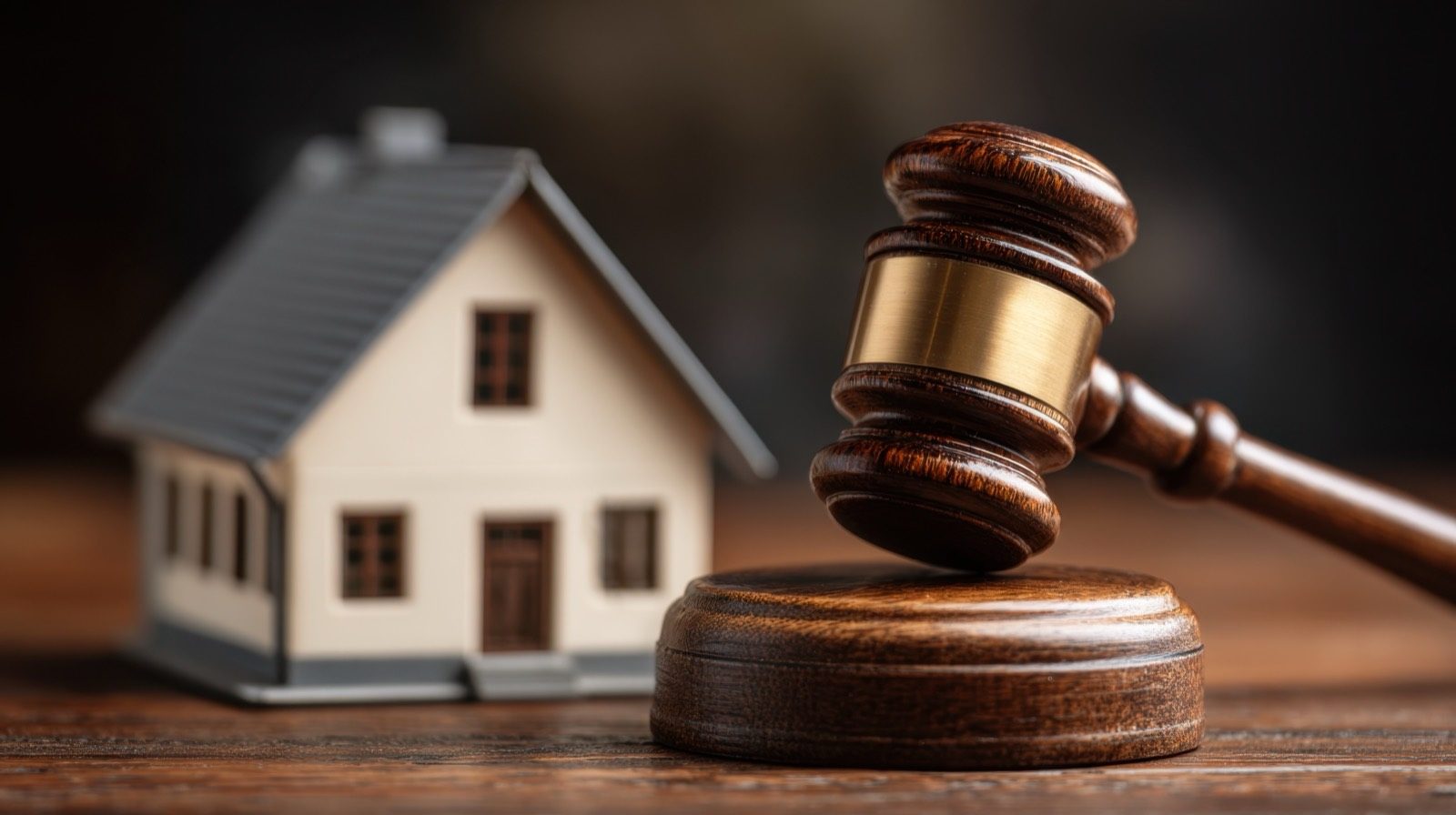 A small model house beside a wooden gavel on a desk, representing fair housing law and recovery residences
